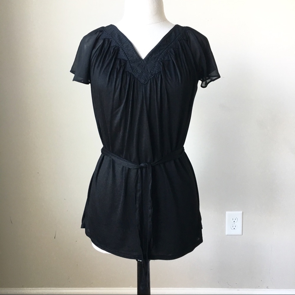 Chiffon sleeve peasant top belted blouse